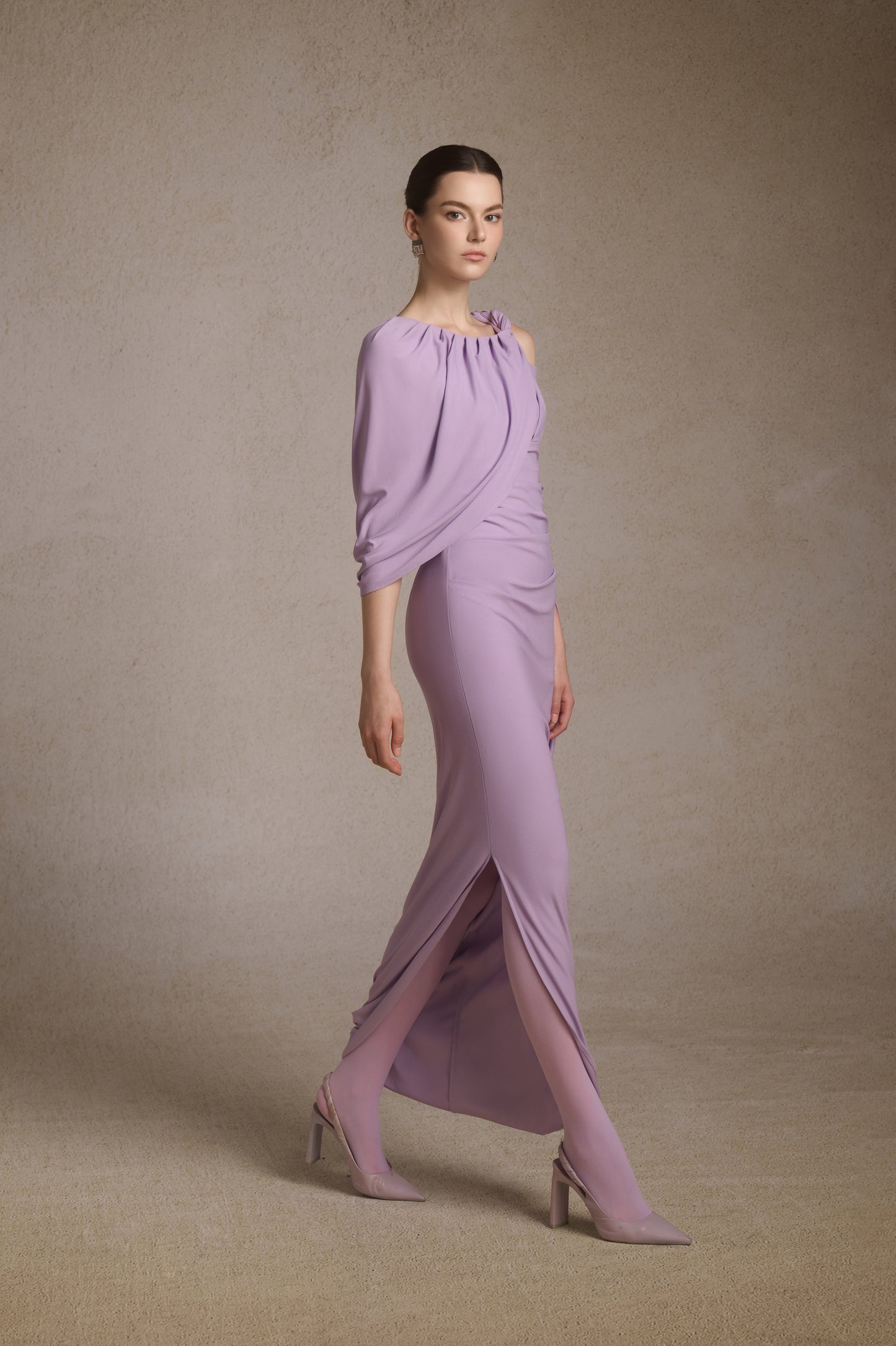 Orion Draped Shoulder Dress in Lilac