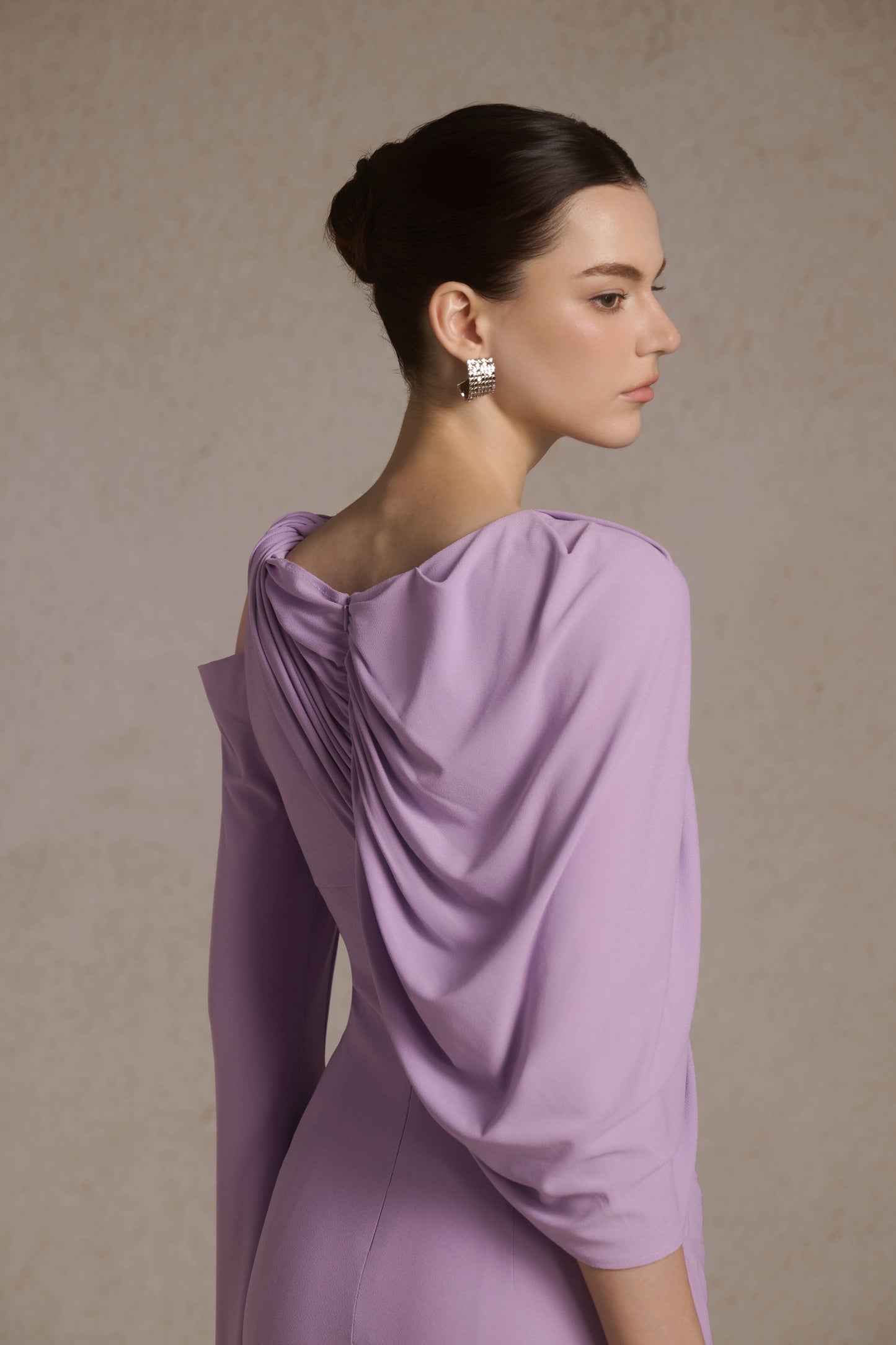 Orion Draped Shoulder Dress in Lilac