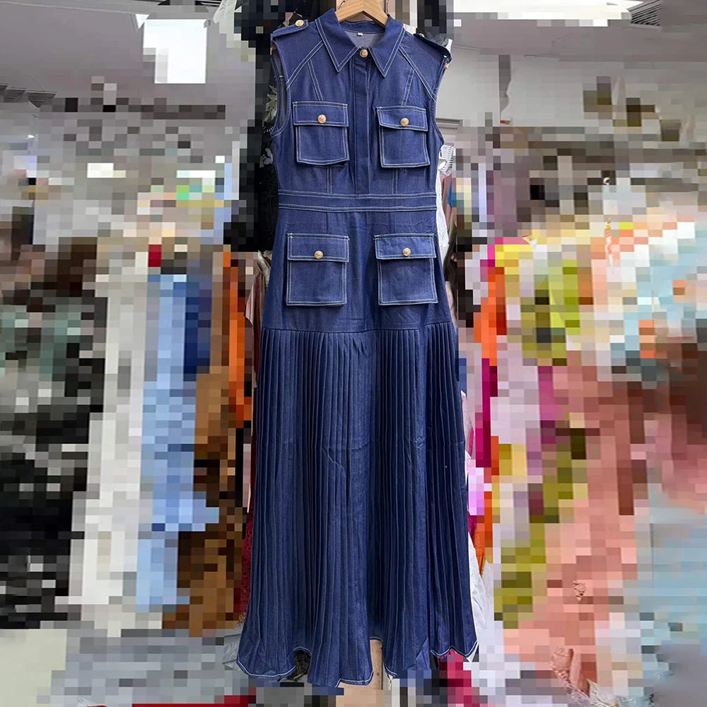 vertical pleated dress Asymmetrical pleated maxi dress Blue For Women