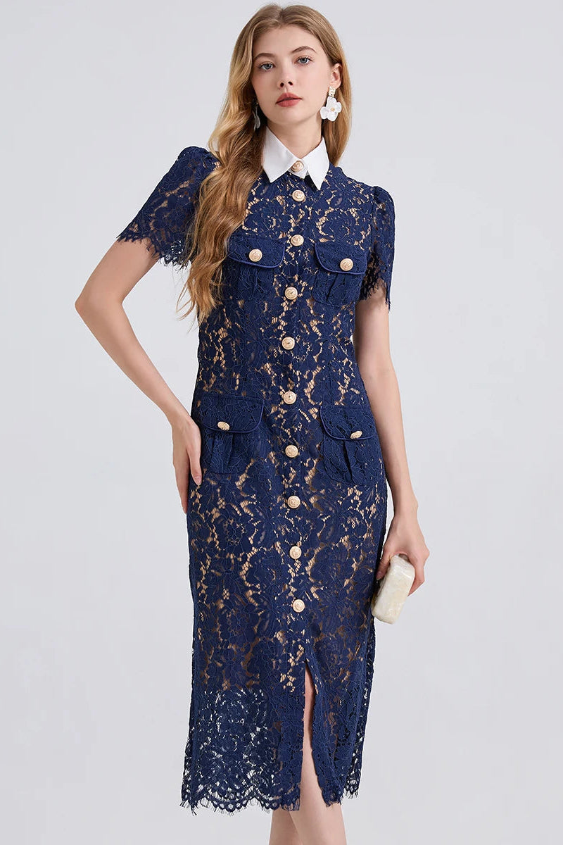 Taweret navy blue floral lace midi dress with contrast white collar and gold button front