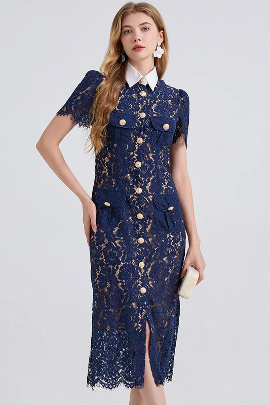 Taweret navy blue floral lace midi dress with contrast white collar and gold button front