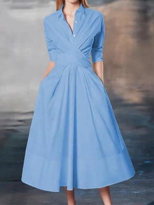Lily Ruched Lapel Dress in light blue, collared A-line midi with wrap bodice, 3/4 sleeves and flared skirt