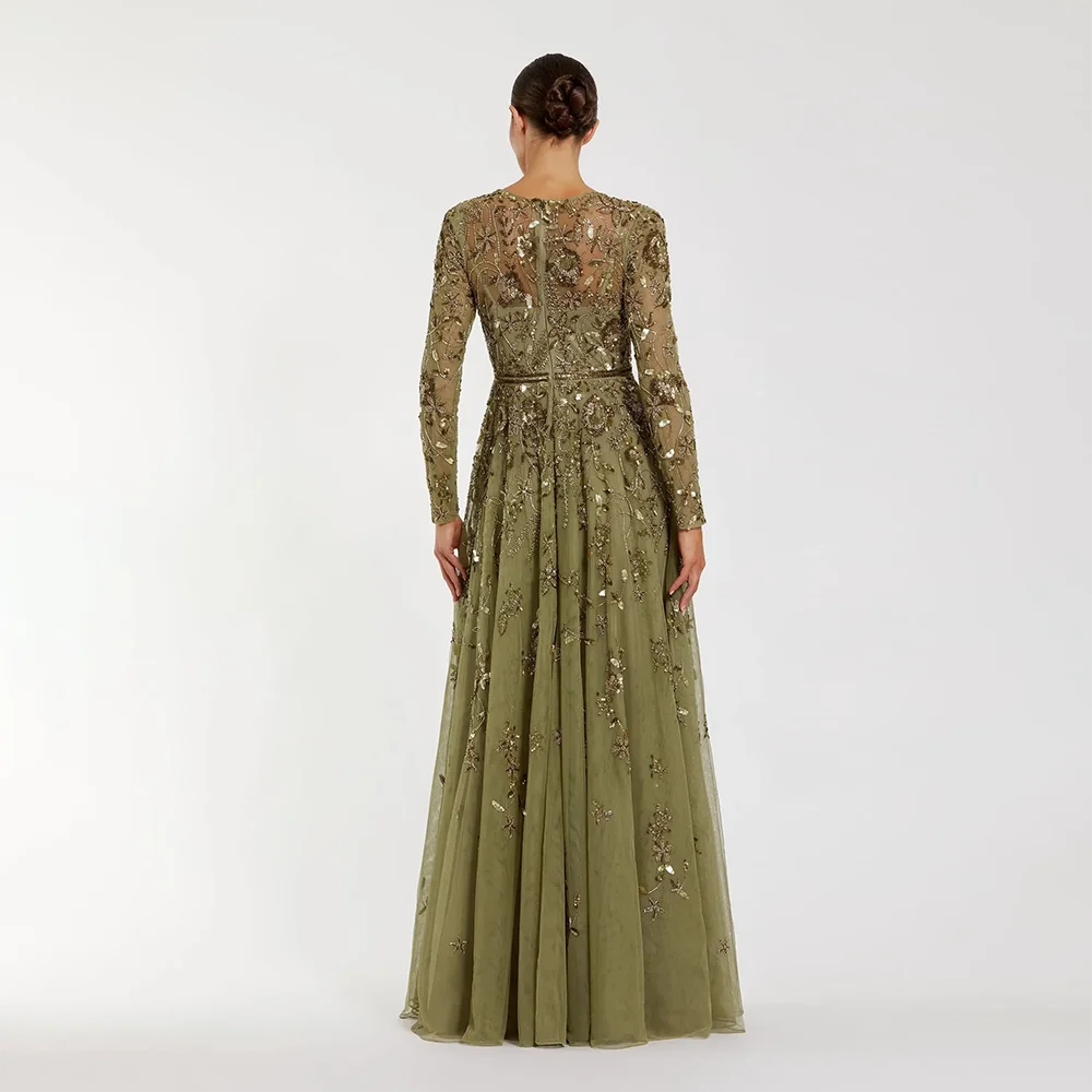 Back view of the olive green Margaux Floral Tulle Gown showing the back zip and tulle overlay skirt