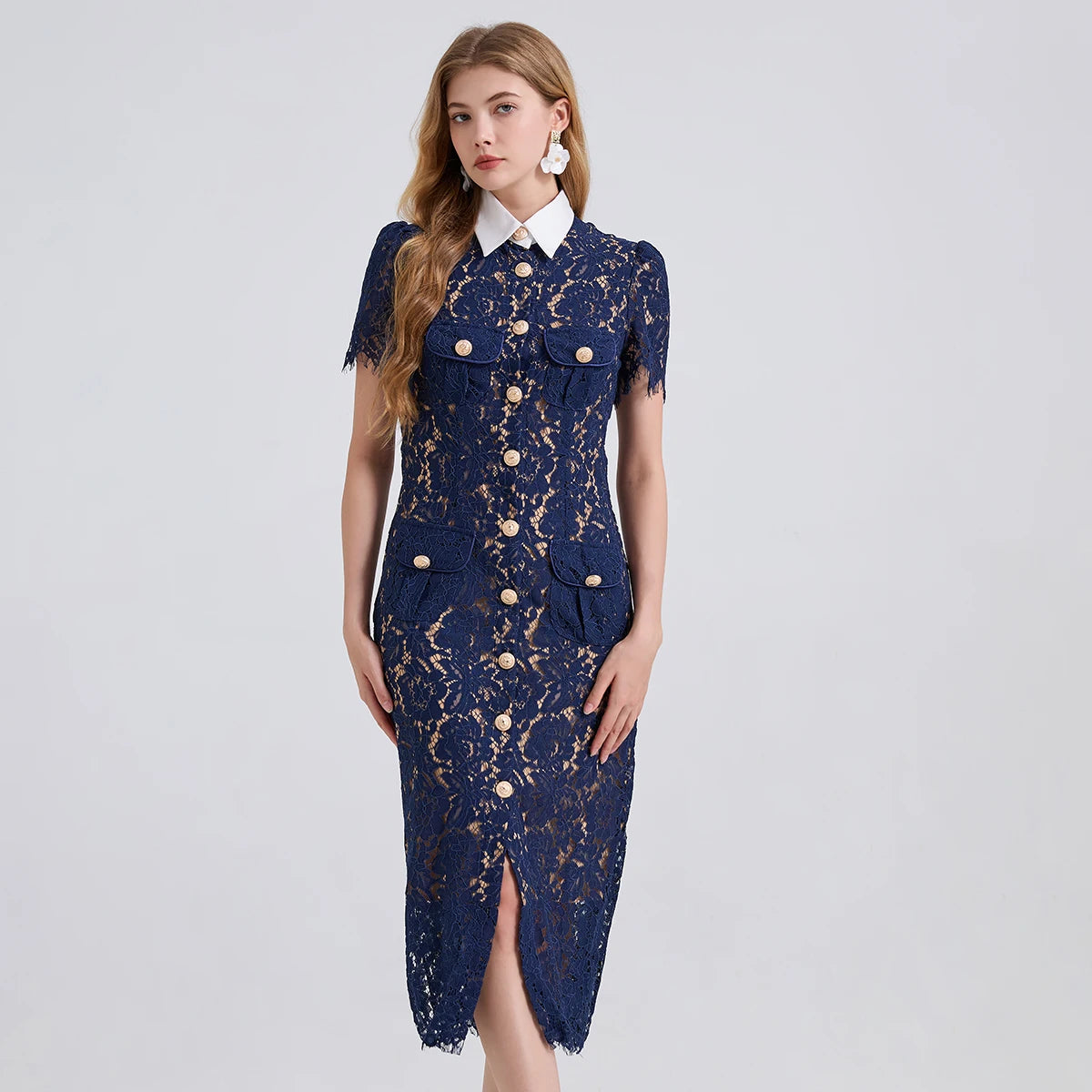 Taweret navy blue lace sheath dress with removable belt, flap pockets and front slit