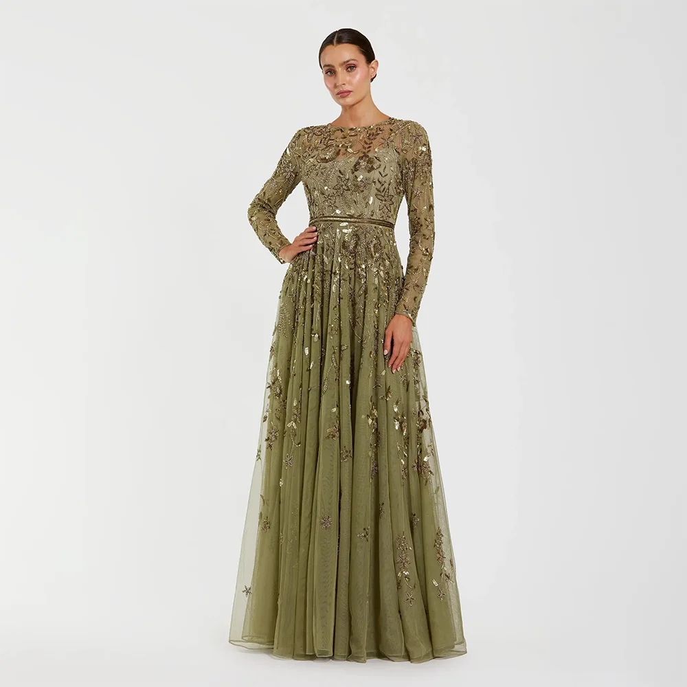 Olive green Margaux maxi gown with illusion neckline, beaded floral embroidery and slim waistband, front view