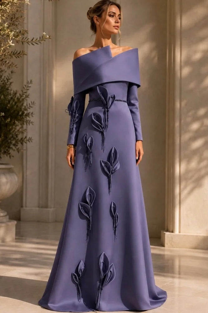 Vibia off-shoulder maxi dress in dusty purple with long sleeves and 3D floral appliques, front view