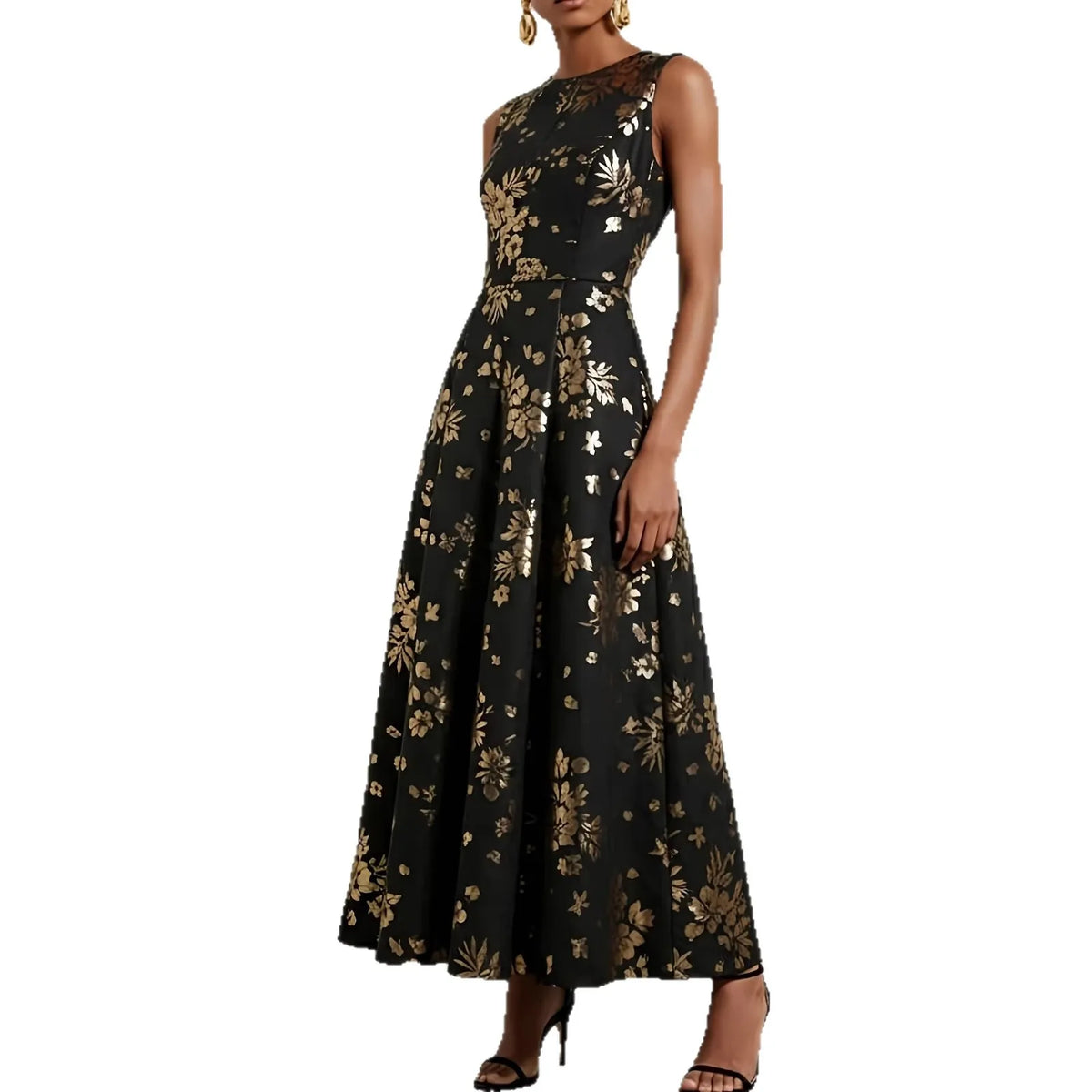 Amunet sleeveless round-neck dress in black with gold floral print and pleated flared skirt