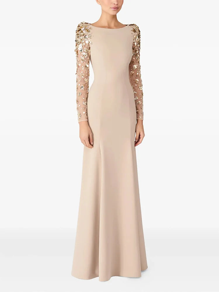 Gwendolyn Diamond Dress in beige, mermaid maxi with floral sequin appliques and long sheer sleeves