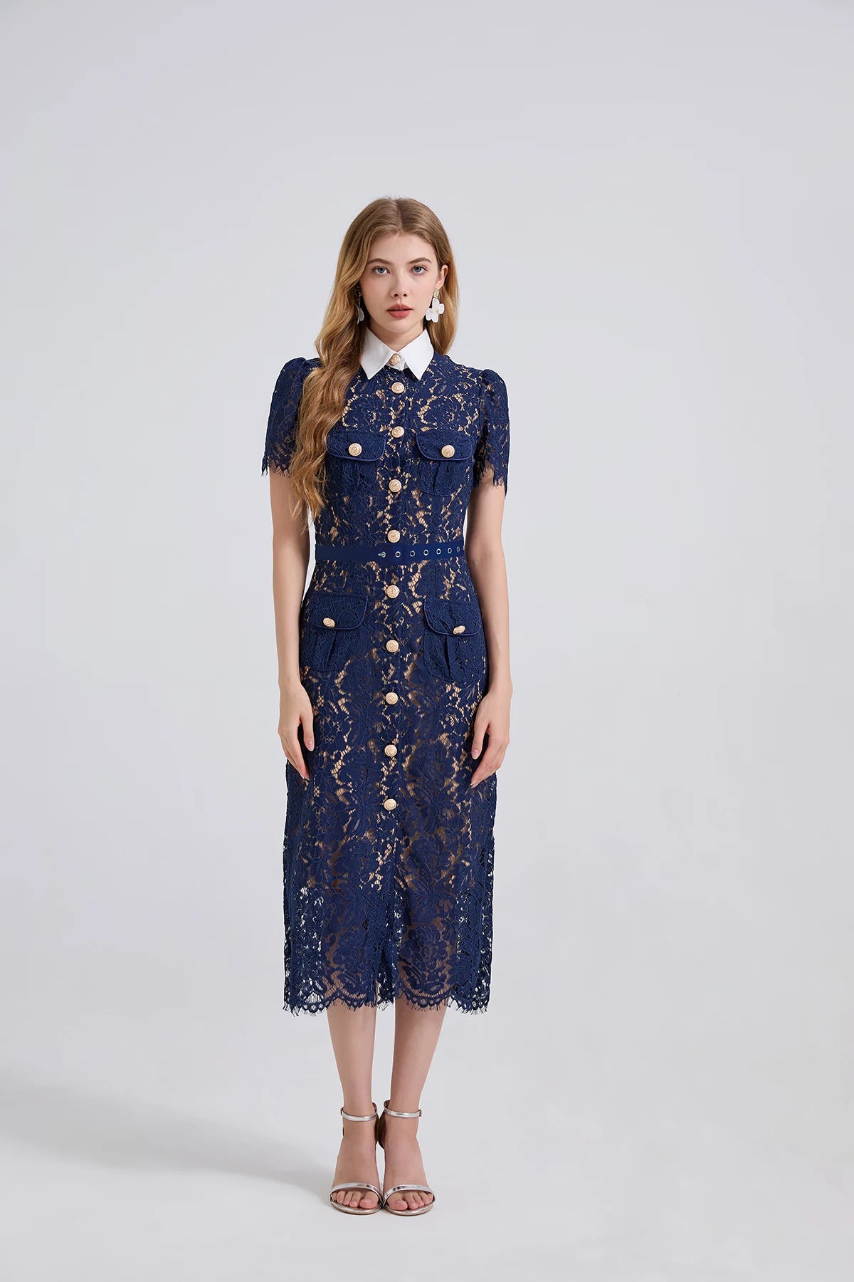 Navy blue Taweret short sleeve lace midi dress with white collar and gold buttons