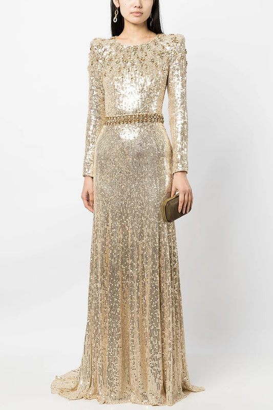 Laleh gold sequin mermaid maxi evening dress with long sleeves and round neckline, front view
