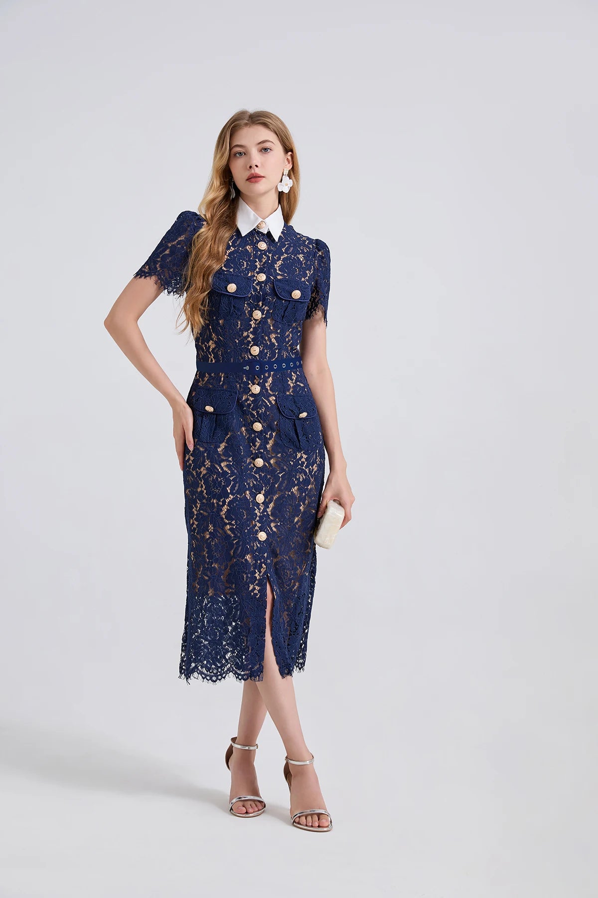 Taweret fitted floral lace midi dress in navy blue over nude lining with scalloped hem