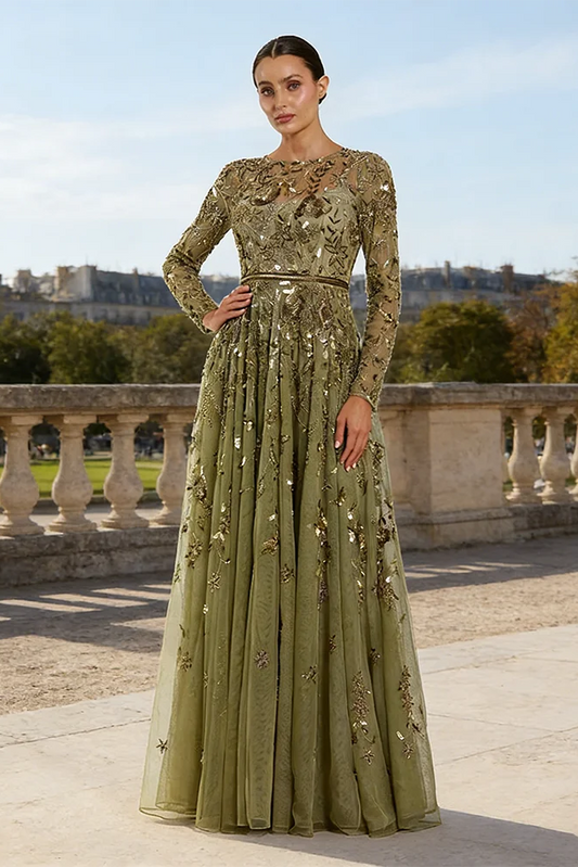 Margaux Floral Tulle Gown in olive green, A-line maxi dress with sheer long sleeves and floral sequin embellishment