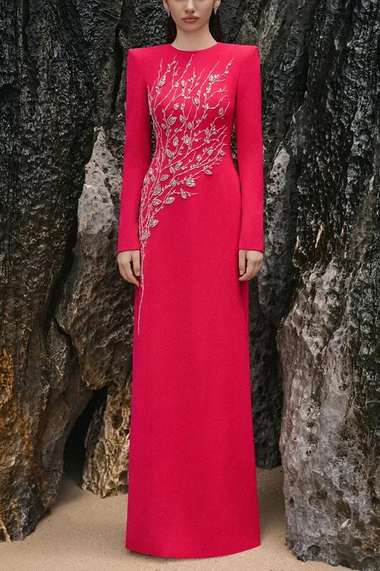 Soraya Beaded Evening Dress in raspberry pink, long sleeve maxi column gown with crystal branch motif