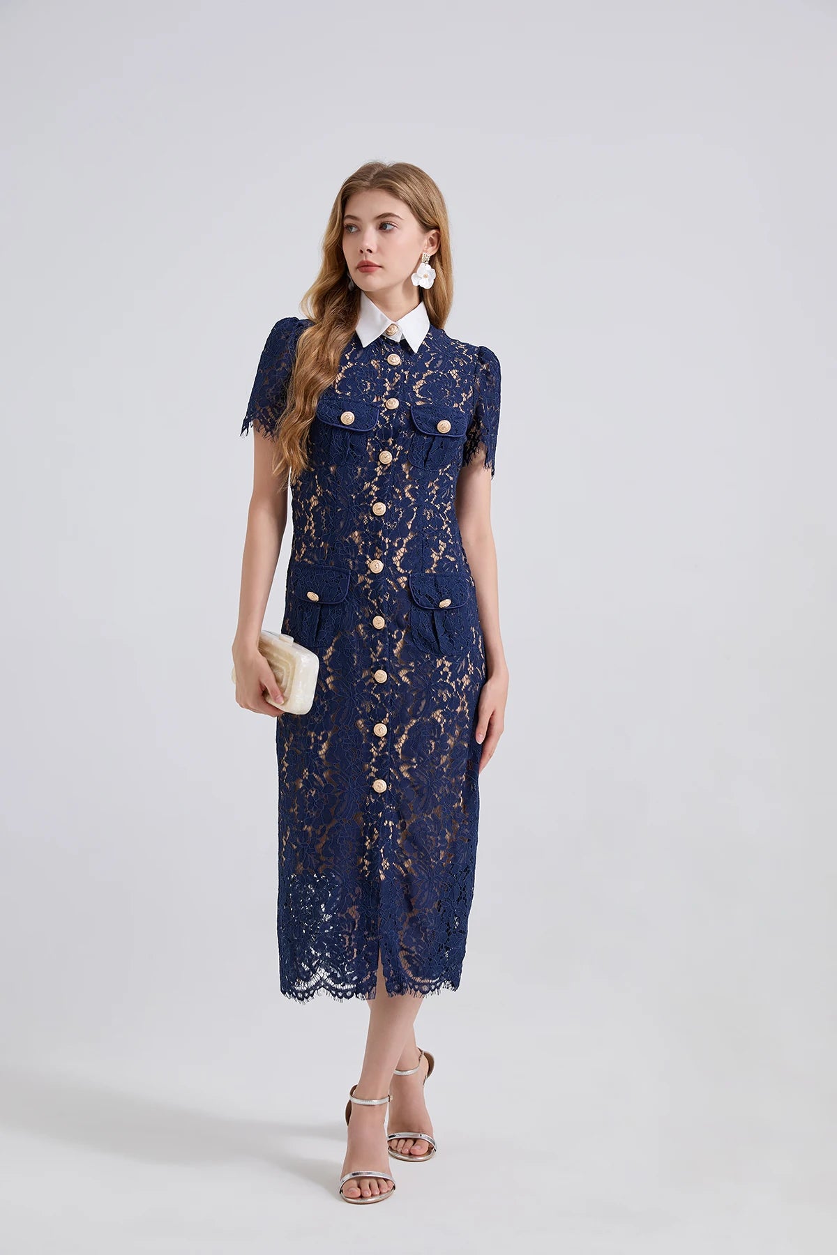 Taweret navy blue collared lace column dress with button front, belt and front slit