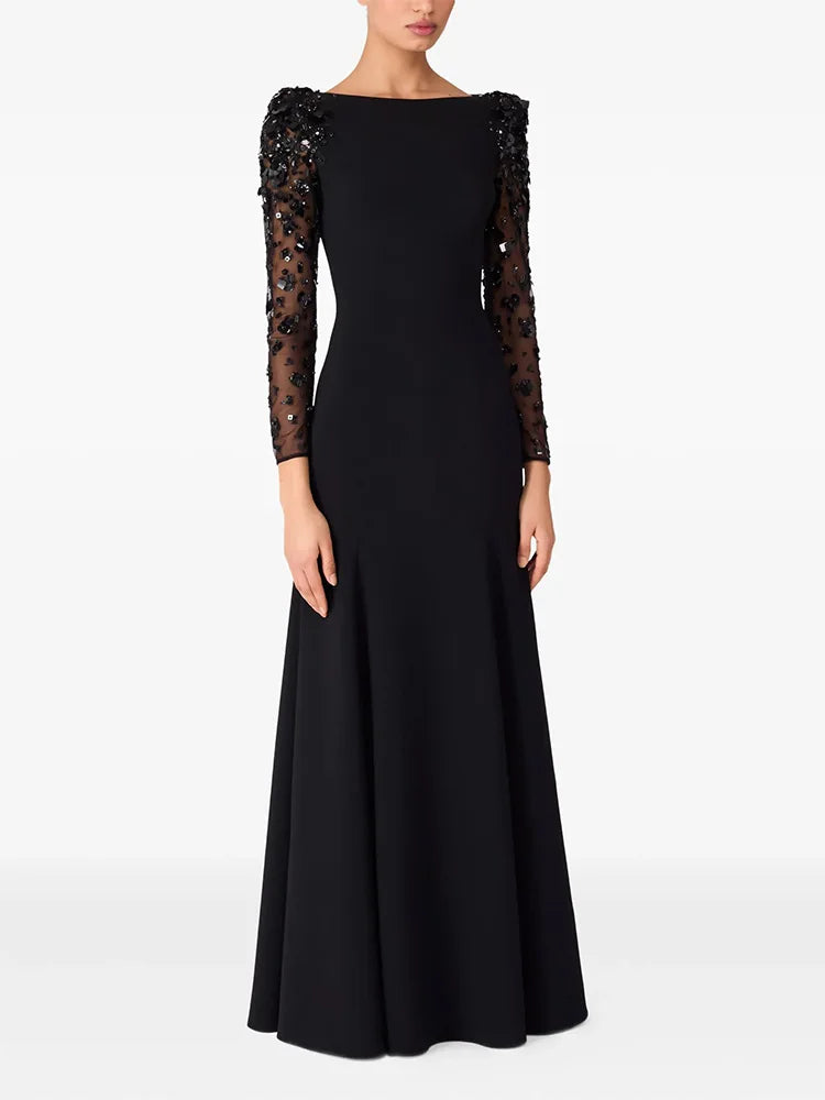 Gwendolyn Diamond Dress in black, front view with 3D flowers, sequins and beading on a mermaid maxi