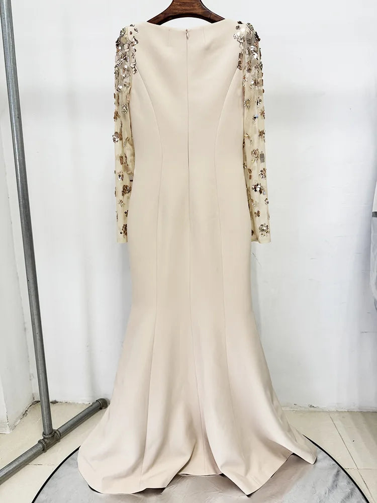 Gwendolyn Diamond Dress in beige, back view showing back zip and panelled seams