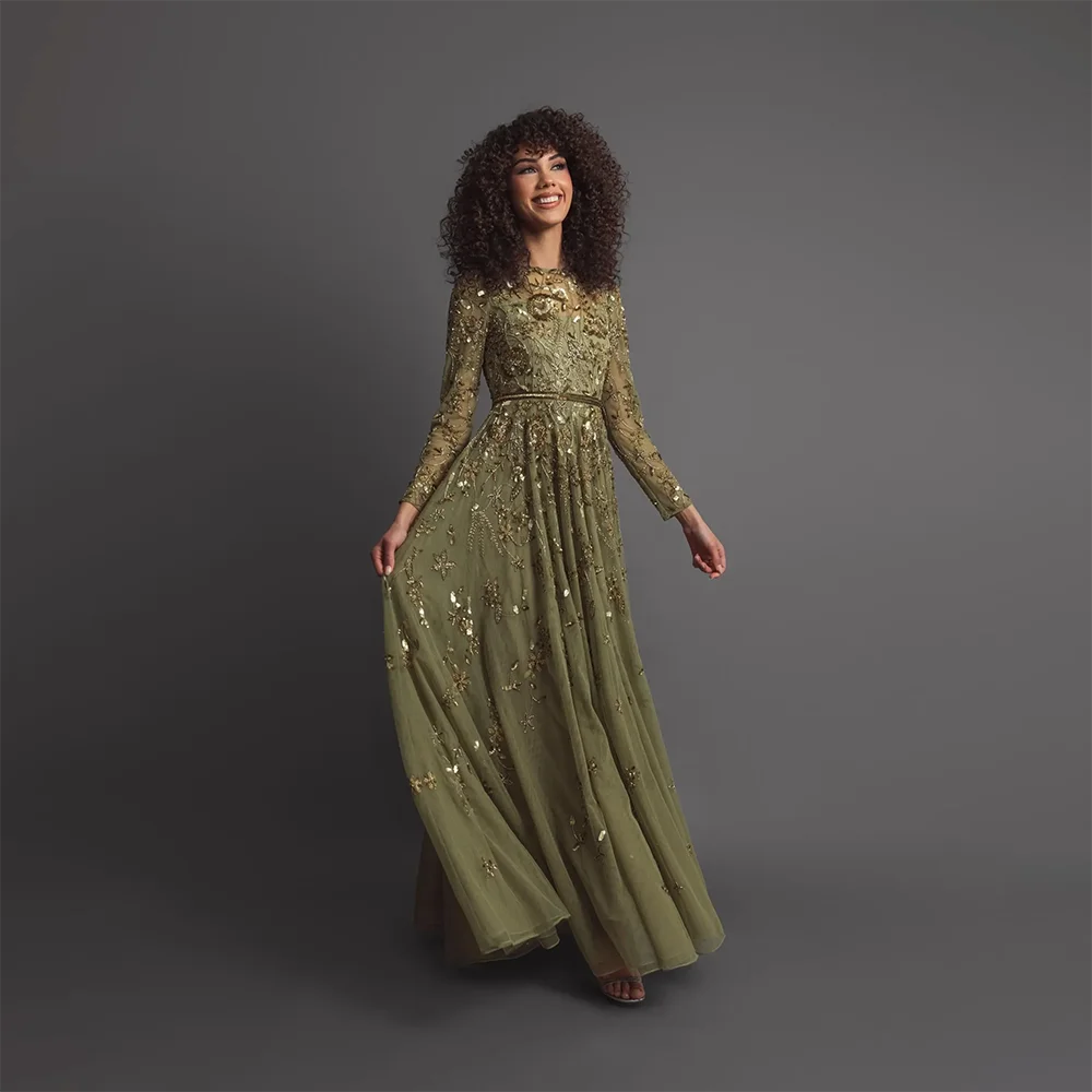 Margaux long sleeve evening gown in olive green with sequin floral bodice and floor-length tulle skirt