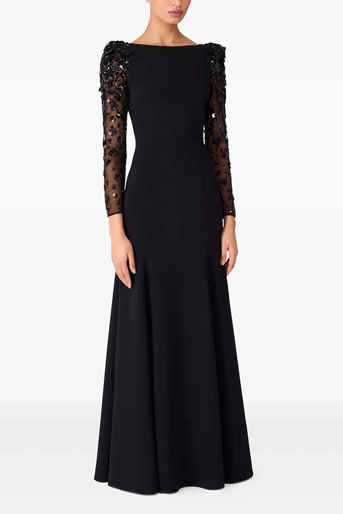 Gwendolyn Diamond Dress in black, mermaid maxi with boat neckline and sheer embellished long sleeves