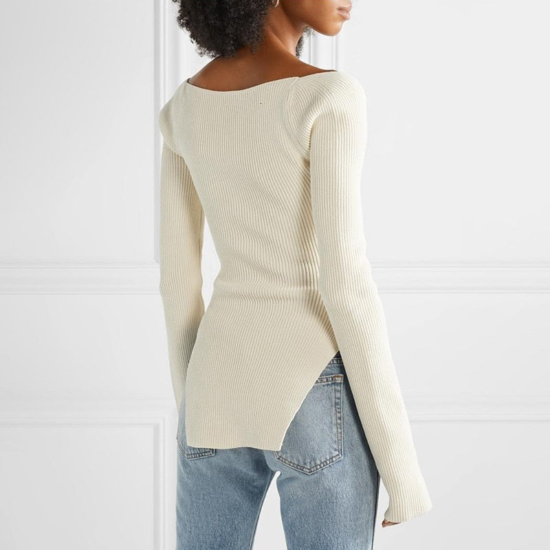 White Side Split Square Collar Sweater