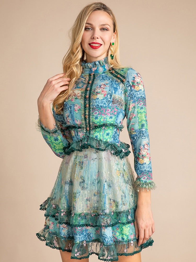 Aqua Mini Dress Printed Vintage Ruffle XL Aqua Mini Dress Printed Vintage Ruffle XL