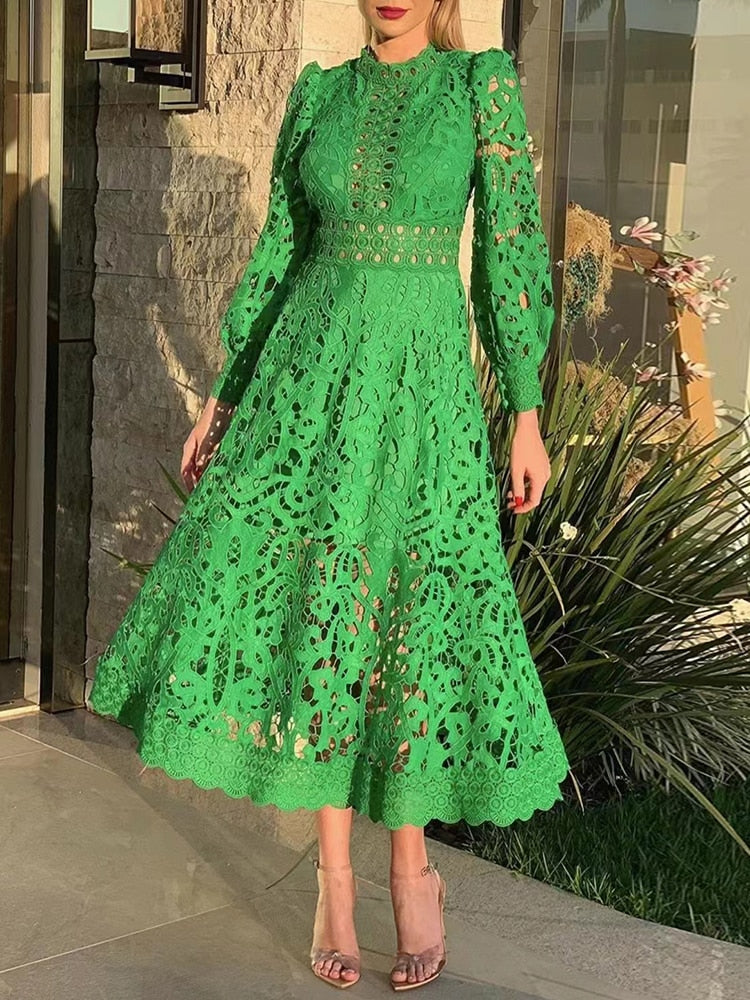 Easter Dresses Casual Solid Embroidered Hollowed Out See-through Half A Turtleneck Long Sleeve Dresses(Green/L) Easter Dresses Casual Solid Embroidered Hollowed Out See-through Half A Turtleneck Long Sleeve Dresses(Green/L)