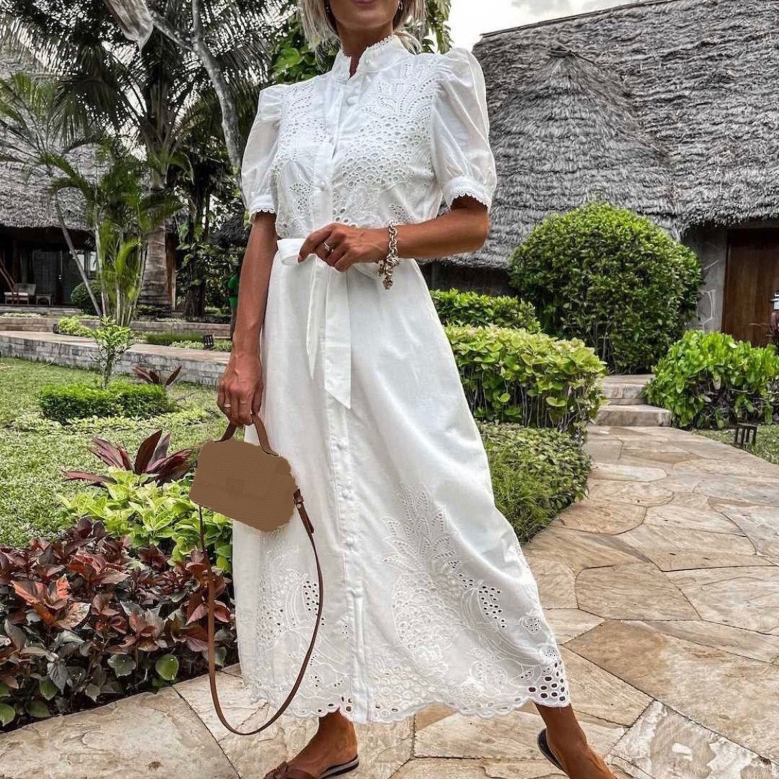 Elegant Embroidered Belted Lace-Up Dresses Elegant Embroidered Belted Lace-Up Dresses