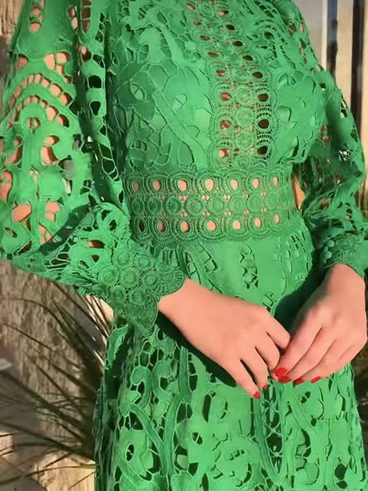 Easter Dresses Casual Solid Embroidered Hollowed Out See-through Half A Turtleneck Long Sleeve Dresses(Green/L) Easter Dresses Casual Solid Embroidered Hollowed Out See-through Half A Turtleneck Long Sleeve Dresses(Green/L)