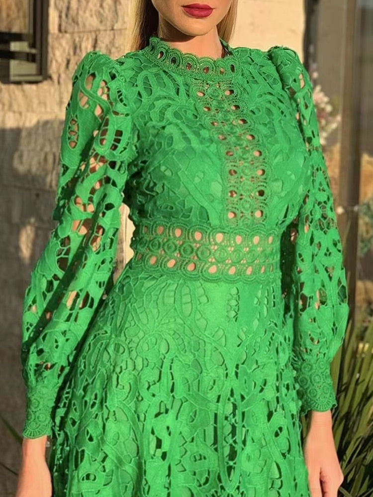 Easter Dresses Casual Solid Embroidered Hollowed Out See-Through Half A Turtleneck Long Sleeve Dresses(Green/L) Easter Dresses Casual Solid Embroidered Hollowed Out See-Through Half A Turtleneck Long Sleeve Dresses(Green/L)