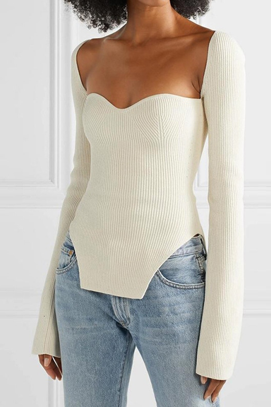 White Side Split Square Collar Sweater